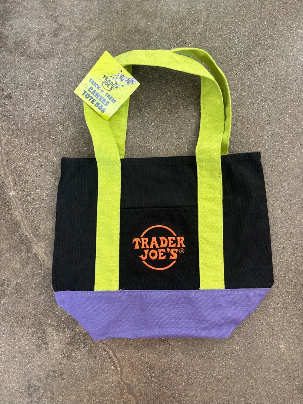 Black Canvas Tote with Lime Handles and Purple Base